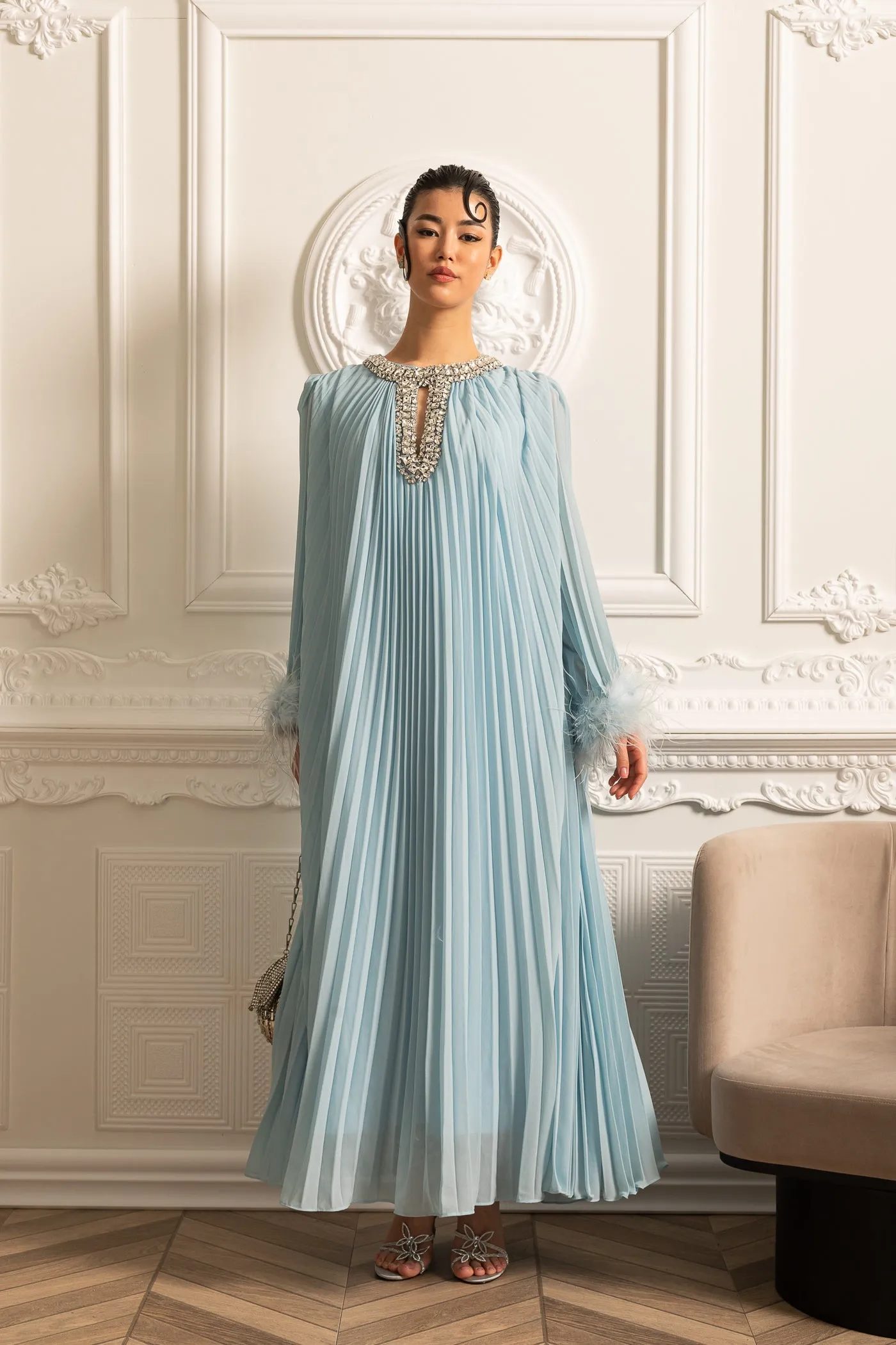 Pleated Long Dress With Feathered Cuffs And Sparkling Neckline - Blue sold by Sierra darien product image thumbnail 4