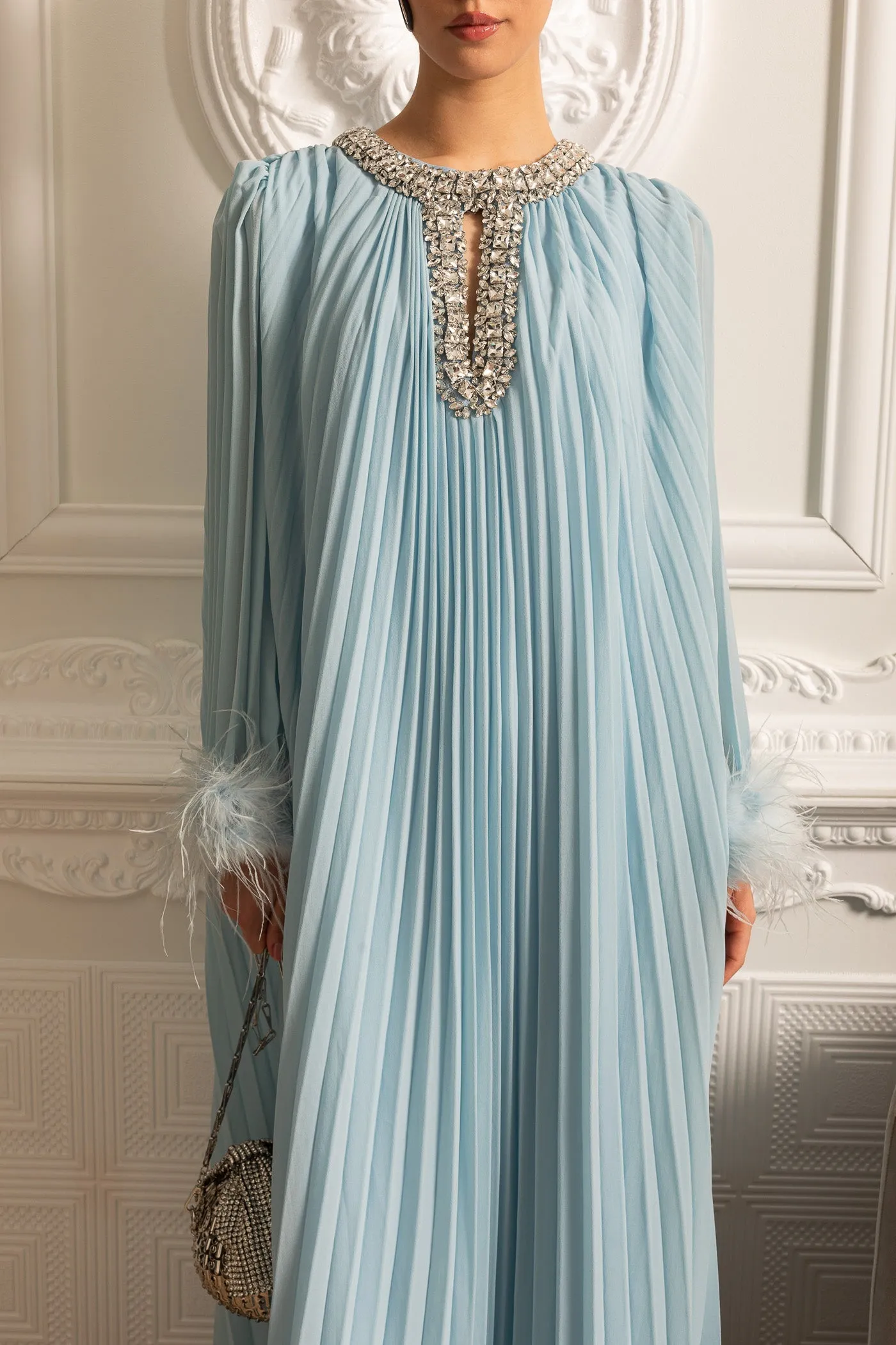 Pleated Long Dress With Feathered Cuffs And Sparkling Neckline - Blue sold by Sierra darien product image thumbnail 5