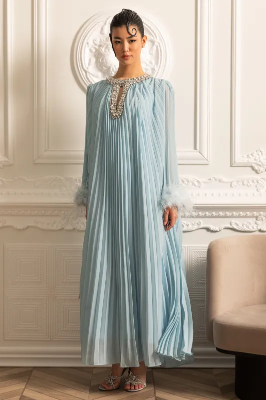 Pleated Long Dress With Feathered Cuffs And Sparkling Neckline - Blue made by Sierra darien