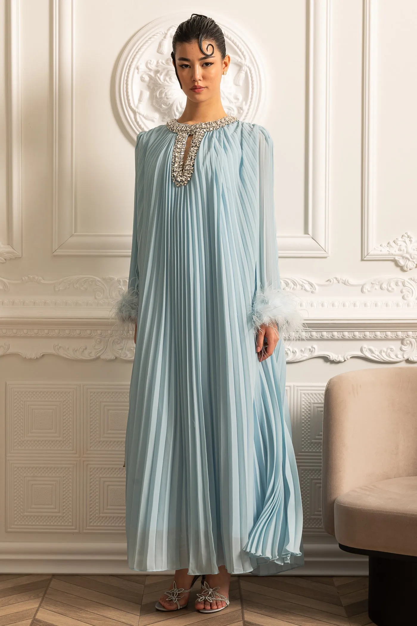 Pleated Long Dress With Feathered Cuffs And Sparkling Neckline - Blue sold by Sierra darien
