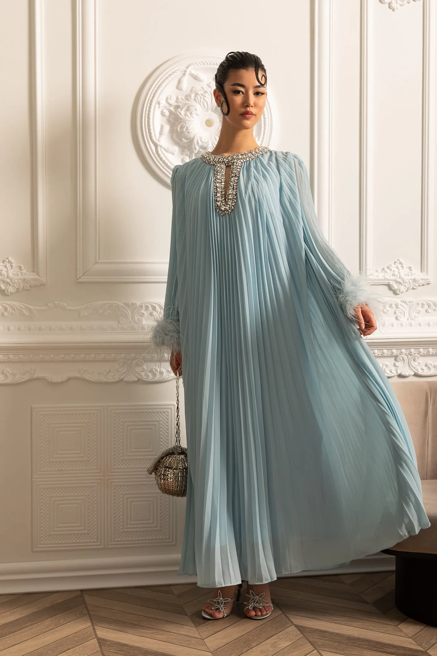 Pleated Long Dress With Feathered Cuffs And Sparkling Neckline - Blue sold by Sierra darien product image thumbnail 2