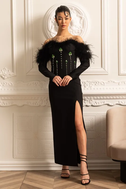 Feather Adorned Dress With Sparkling Embellishments And High-Side Slit - Black made by Sierra darien