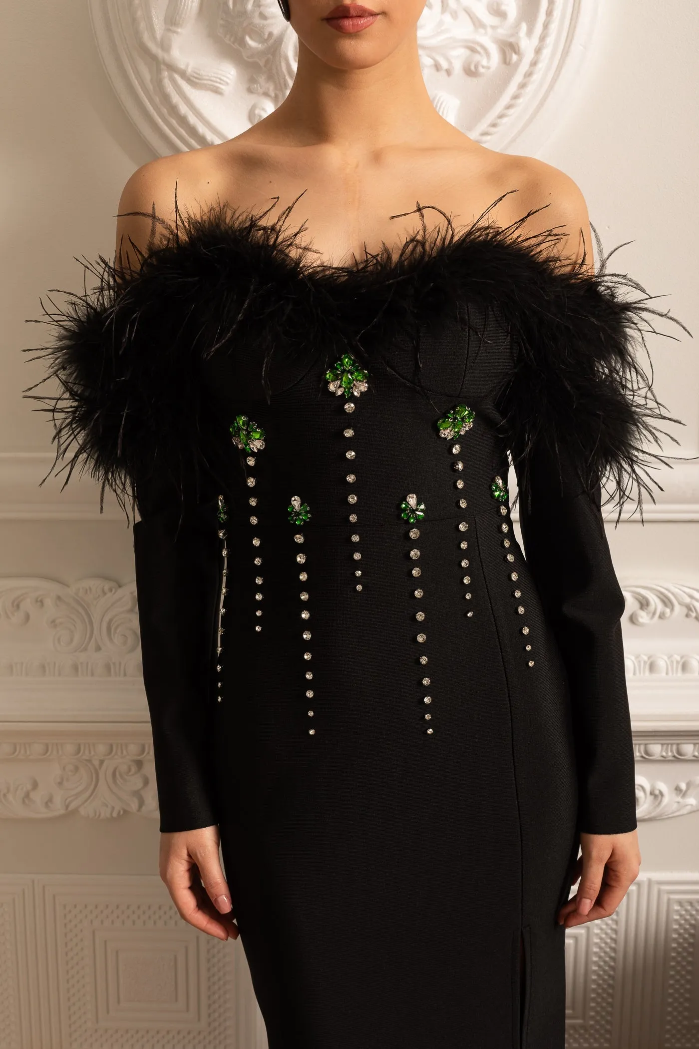 Feather Adorned Dress With Sparkling Embellishments And High-Side Slit - Black sold by Sierra darien product image thumbnail 2
