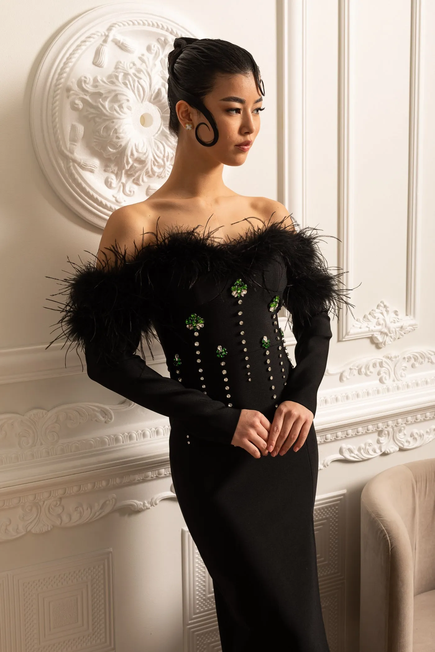 Feather Adorned Dress With Sparkling Embellishments And High-Side Slit - Black sold by Sierra darien product image thumbnail 4