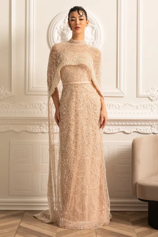 Glamourous Beaded Gown With Detachable Veil - Beige made by Sierra darien