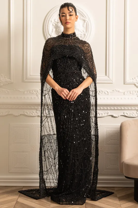 Glamourous Beaded Gown With Detachable Veil - Black made by Sierra darien