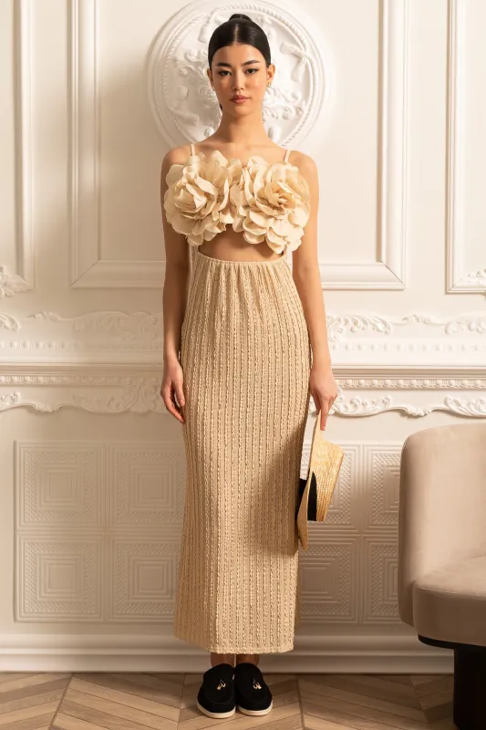 Exotic Dress With Oversized Floral Chest Embellishments - Beige made by Sierra darien