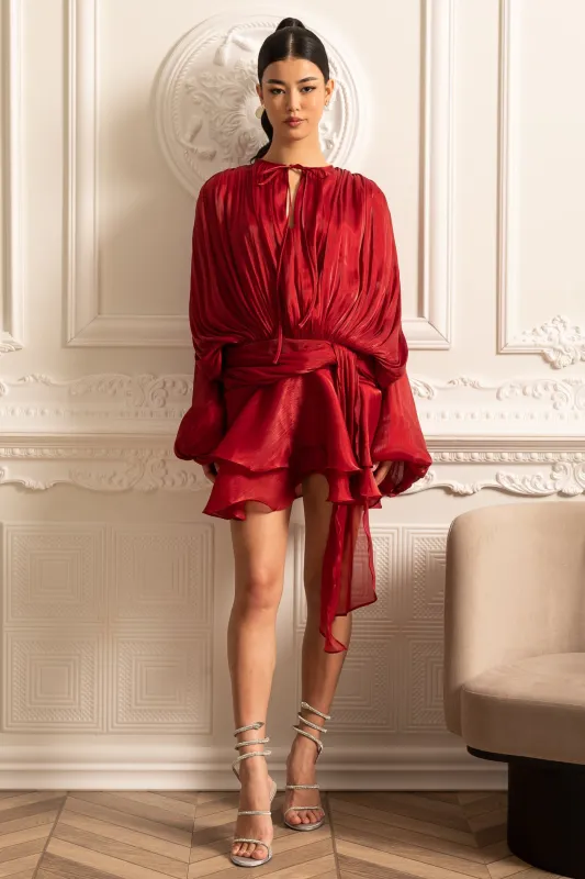 Draped Long-Sleeved Dress with Mini Skirt And Ruched Waistband - Red made by Sierra darien