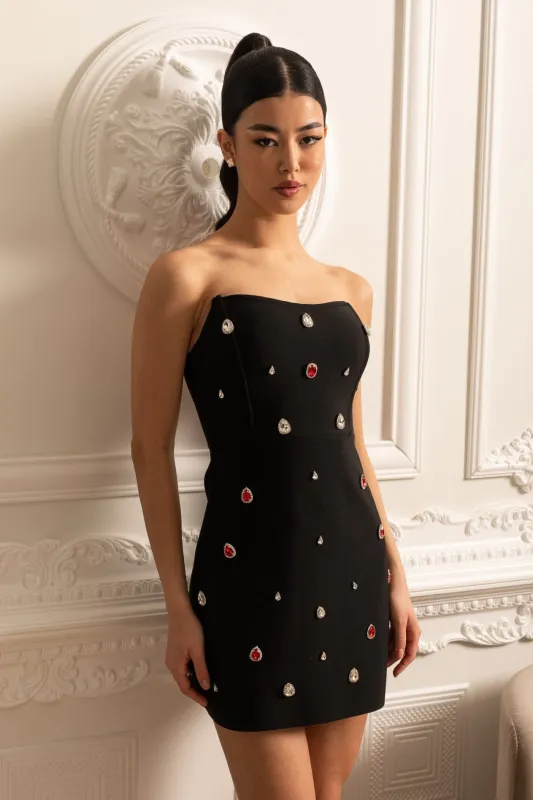 Fitted Mini Dress With Red And White Jeweled Embellishments - Black made by Sierra darien