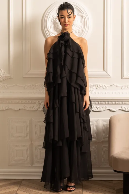 Layered Ruffle Halter Dress With Decorative Neckline Flower - Black made by Sierra darien