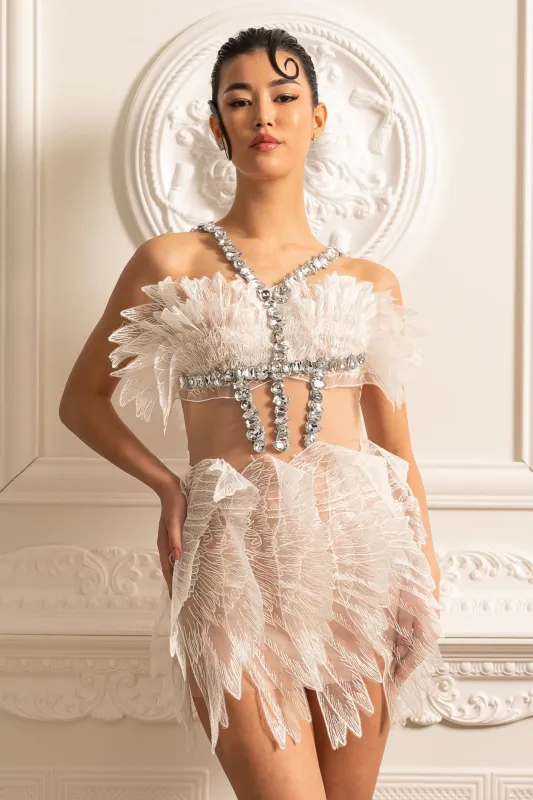 Ethereal Mini Dress With Sheer Wings Texture And Crystal Embellishments - White made by Sierra darien