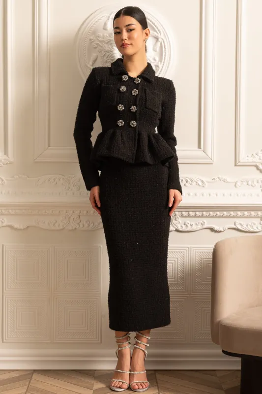 Knitted Textured Dress With Peplum Waist And Decorative Buttons - Black made by Sierra darien