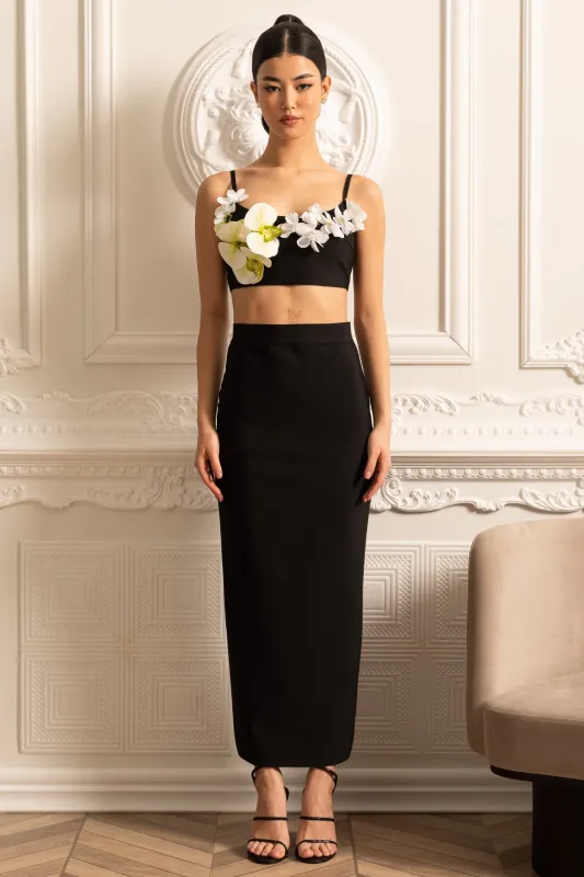 Fitted Co-Ord Set With Natural Aspect Floral Embellishments - Black made by Sierra darien