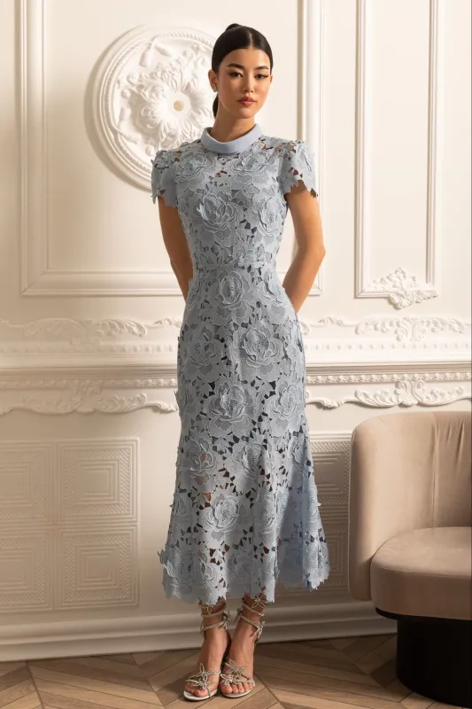 Floral Pattern Lace Dress With High Collar And Midi Skirt - Blue made by Sierra darien
