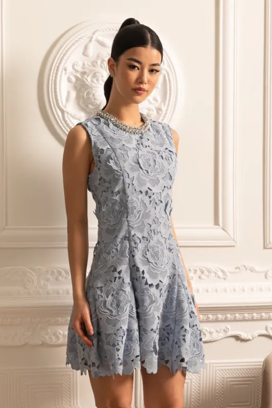 Floral Pattern Lace Mini Dress With Sparkling Neckline - Blue made by Sierra darien
