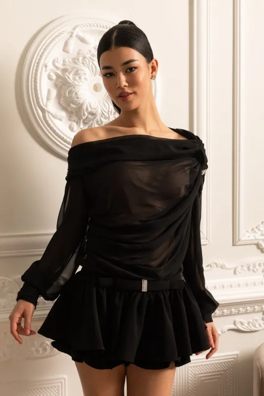 Sheer Off-Shoulder Co-Ord With Long Sleeves And Mini Skirt - Black made by Sierra darien