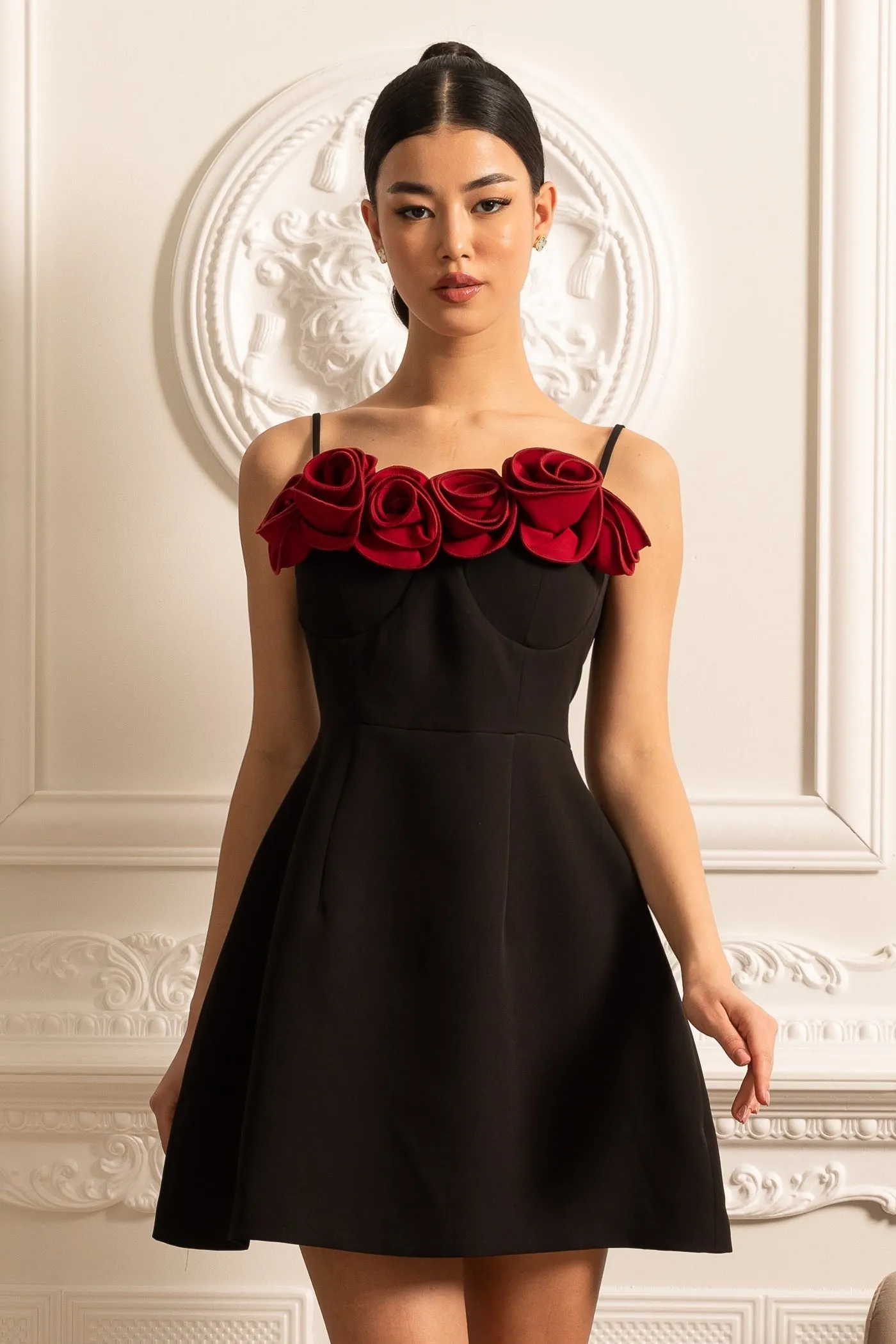 Sleeveless Mini Dress With Flared Skirt And Red Rose Embellishments - Black sold by Sierra darien product image thumbnail 3