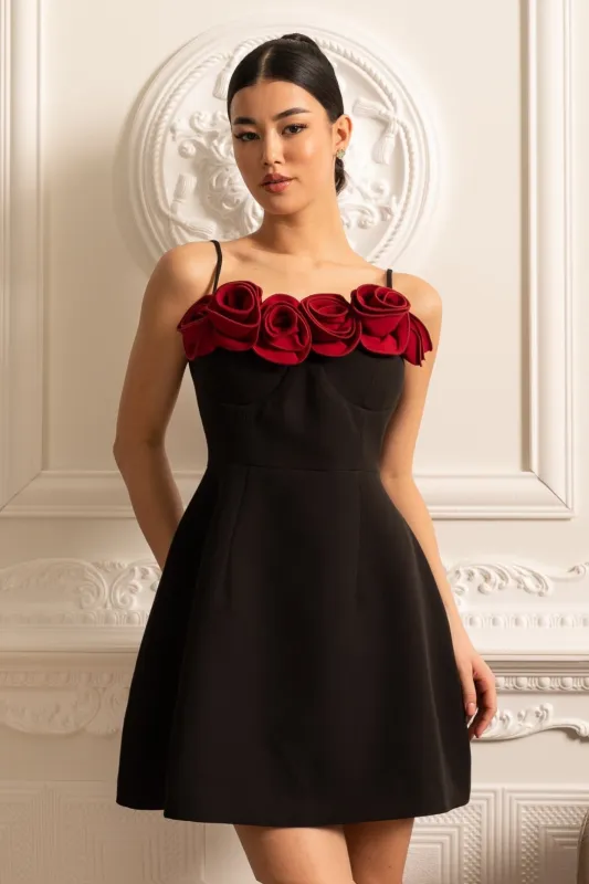 Sleeveless Mini Dress With Flared Skirt And Red Rose Embellishments - Black made by Sierra darien