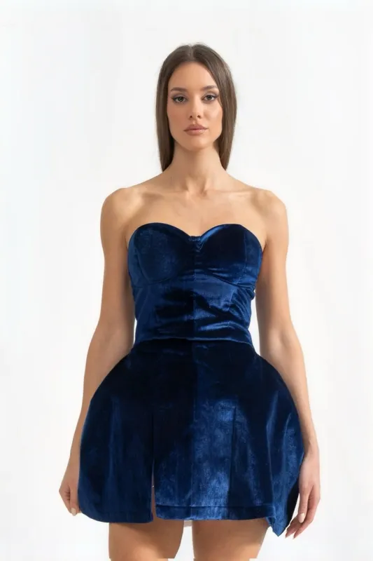 Velvet Mini Dress With Flared Skirt - Blue made by Sierra darien