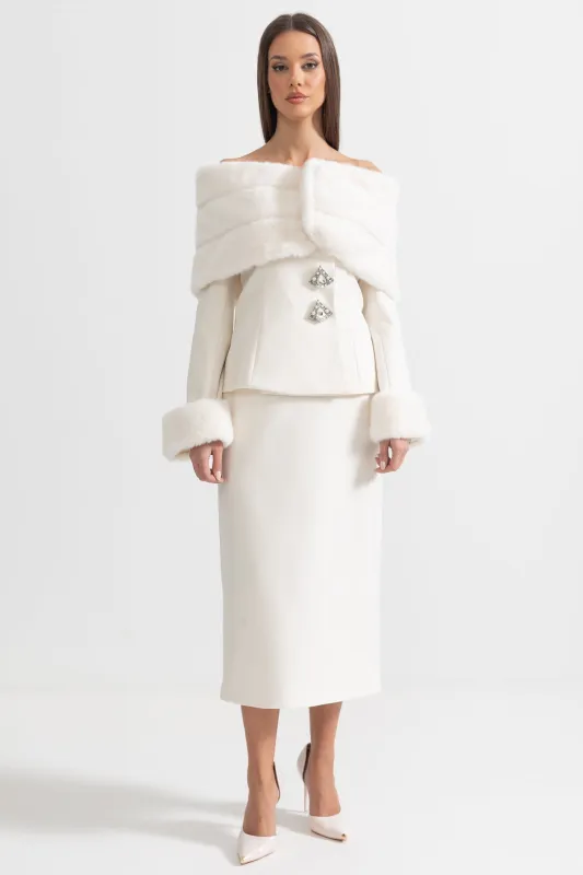 Two-Piece Ensemble With Faux Fur Shawl, Cuffs And Midi Skirt - White made by Sierra darien