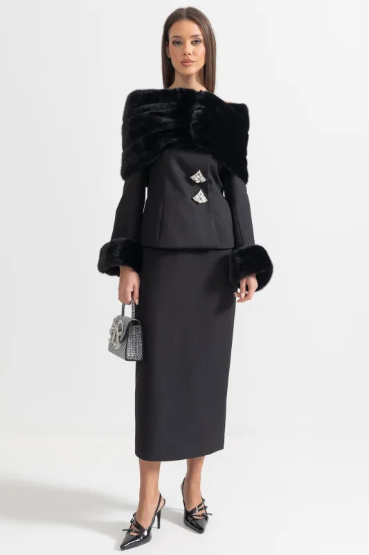 Two-Piece Ensemble With Faux Fur Shawl, Cuffs And Midi Skirt - Black made by Sierra darien