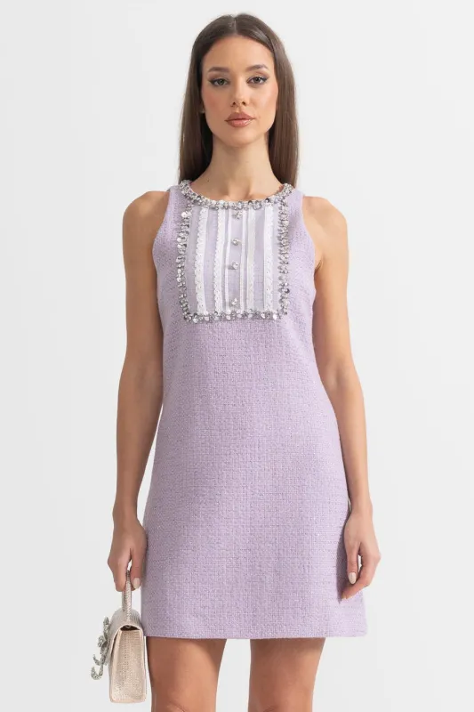 Textured Mini Dress With Sequin and Lace Embellishments - Purple made by Sierra darien