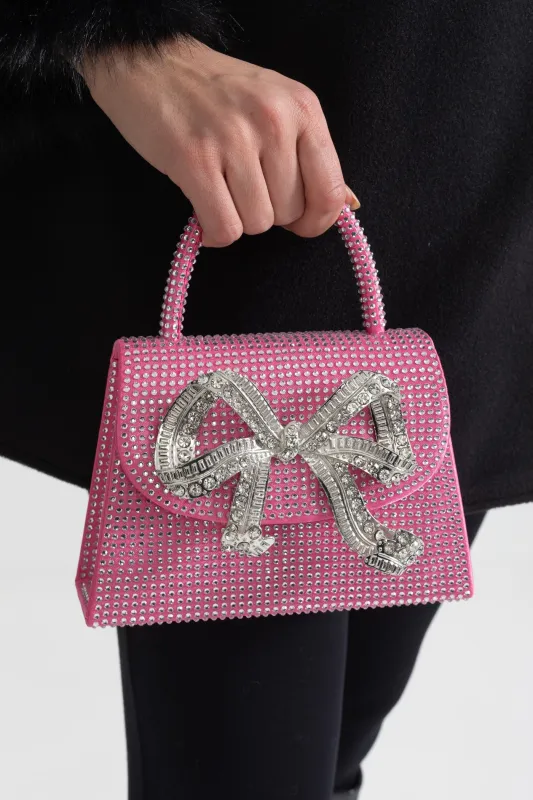 Sparkling Rhinestone Clutch With Decorative Metallic Bow - Pink made by Sierra darien