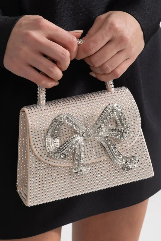 Sparkling Rhinestone Clutch With Decorative Metallic Bow - Champagne made by Sierra darien
