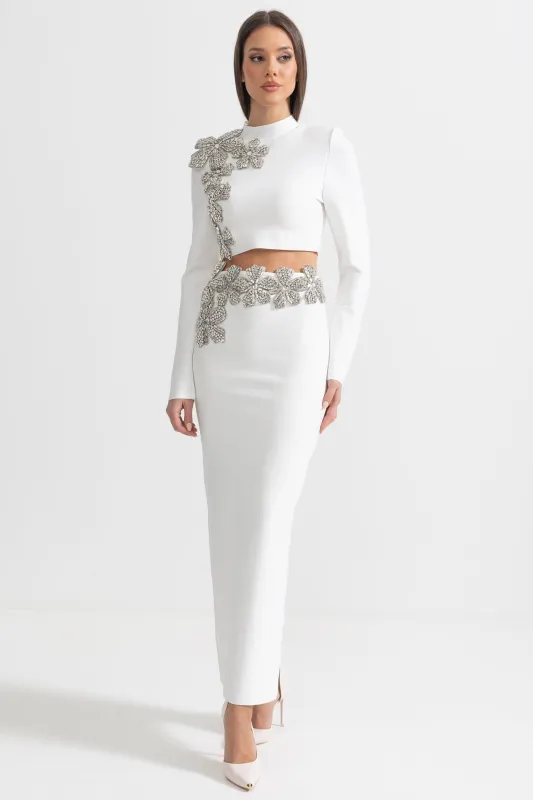 Diamond Flower Accent 2 Piece Set With Long Sleeves Top And Maxi Skirt - White made by Sierra darien