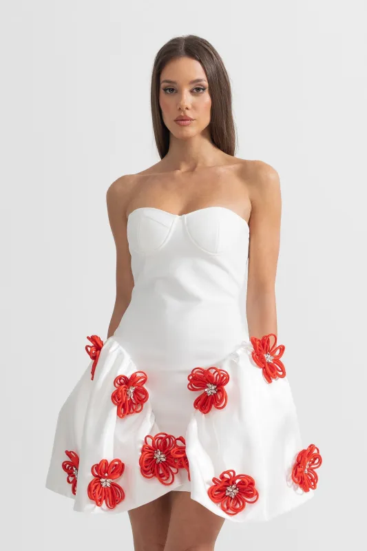 Elegant Mini Dress With 3D Silver Flower Embellishments - White made by Sierra darien