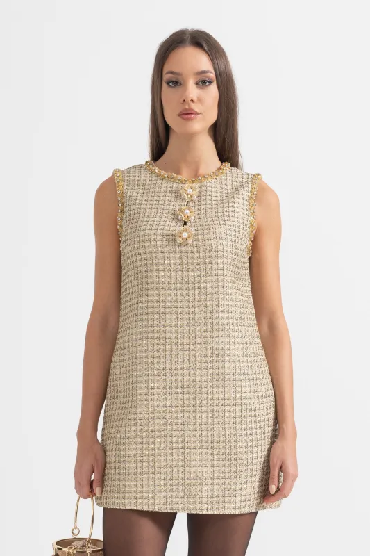 Patterned Mini Dress With Golden Accents - Gold made by Sierra darien