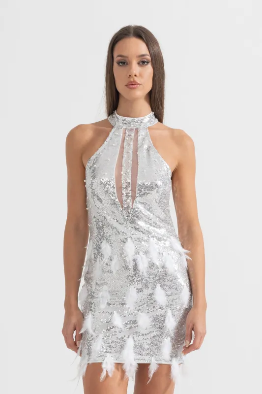 Shimmering Sequin Mini Dress With Front Cutouts And Feathers - Silver made by Sierra darien