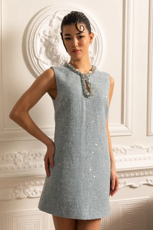 Textured Sleeveless Mini Dress With Sparkling Collar Details - Blue made by Sierra darien
