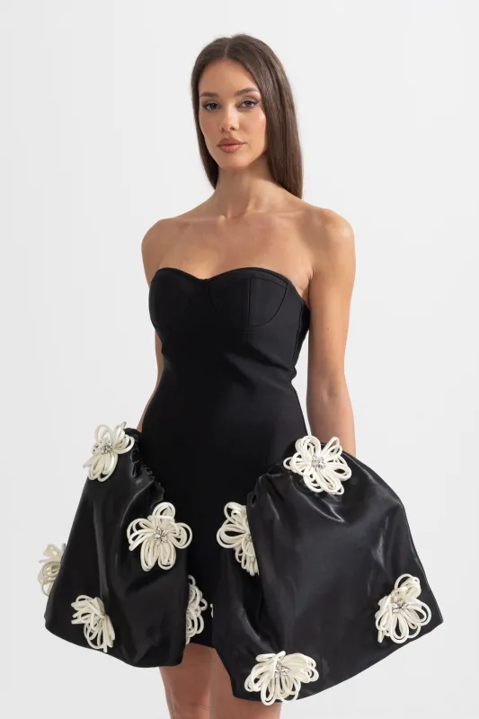 Elegant Mini Dress With 3D Silver Flower Embellishments - Black made by Sierra darien