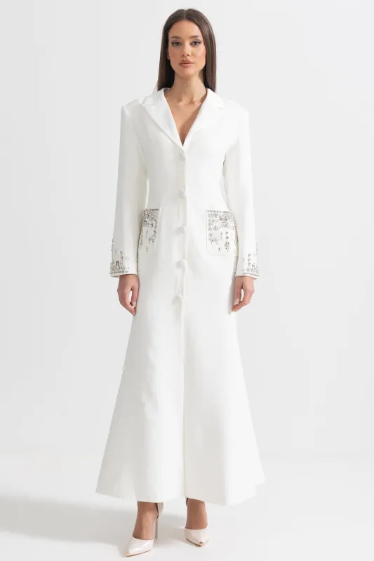 Long Silhouette Dress With Lapels And Crystal Detailing - White made by Sierra darien