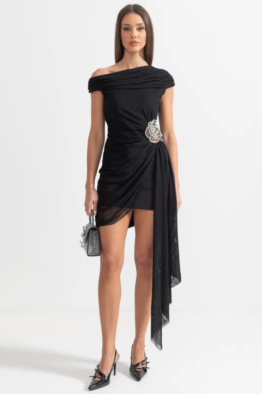 One-Shoulder Draped Dress With Silver Floral Brooch - Black made by Sierra darien