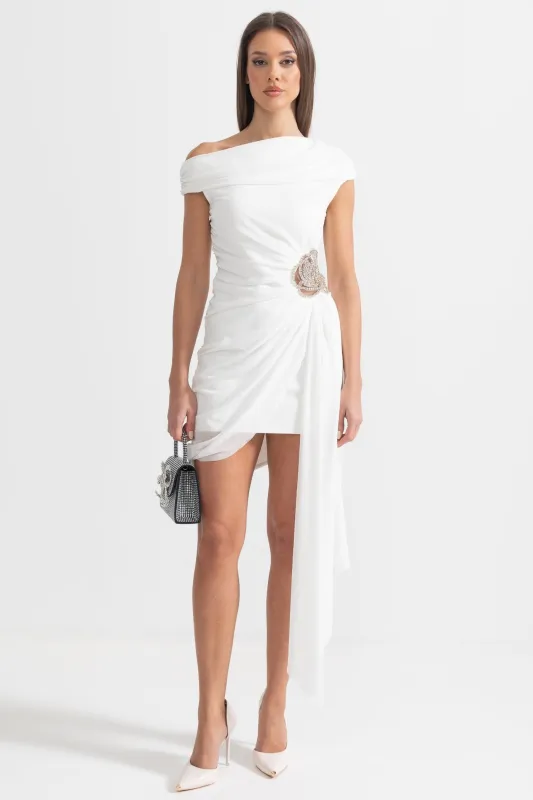 One-Shoulder Draped Dress With Silver Floral Brooch - White made by Sierra darien