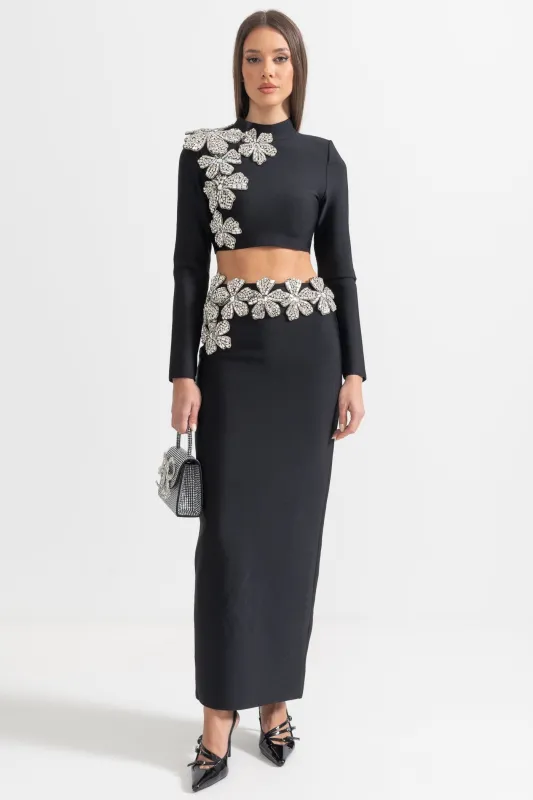 Diamond Flower Accent 2 Piece Set With Long Sleeves Top And Maxi Skirt - Black made by Sierra darien