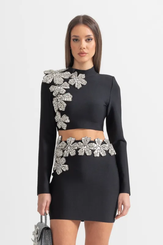 Diamond Flower Accent 2 Piece Set With Long Sleeves Top And Mini Skirt - Black made by Sierra darien