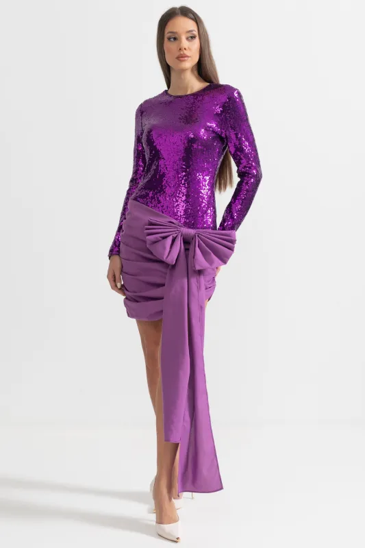 Elegant Sequin Dress With Asymmetric Bow Detailing - Purple made by Sierra darien