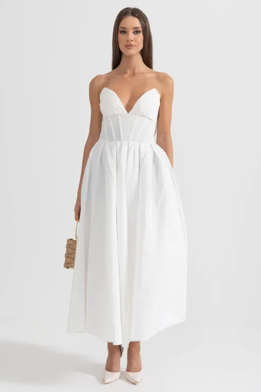 Sophisticated Strapless Midi Dress with Fitted Bodice - White made by Sierra darien