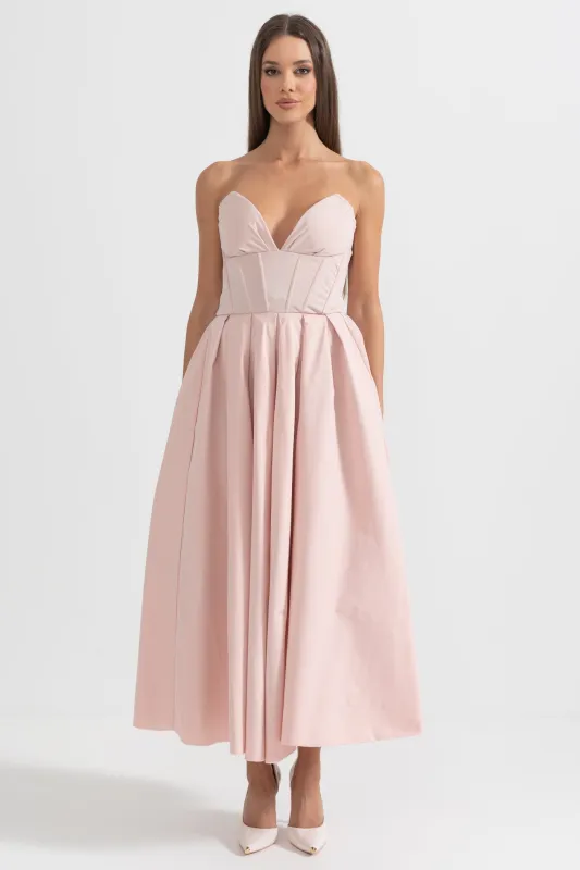 Sophisticated Strapless Midi Dress with Fitted Bodice - Peach made by Sierra darien
