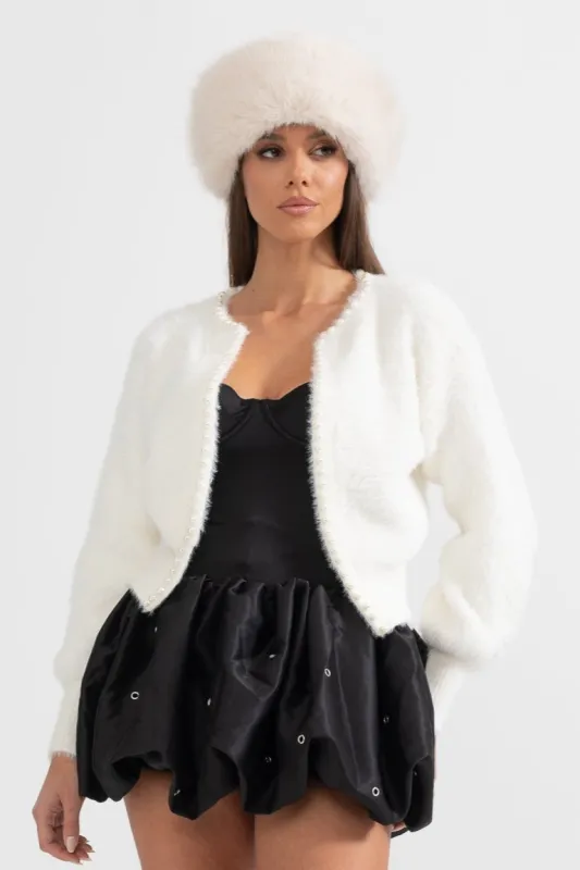 Fluffy Cardigan With Pearl Detailing - White made by Sierra darien