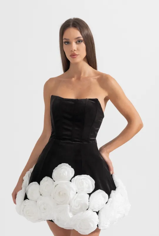 Elegant Mini Dress With White Rose Embellishments - Black made by Sierra darien