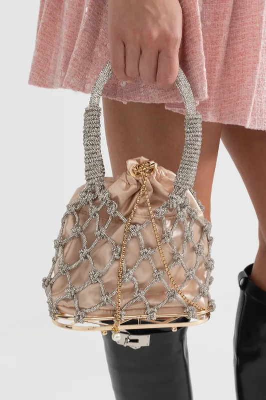Oval Netted Handbag With Beige Satin Drawstring Pouch - Silver made by Sierra darien