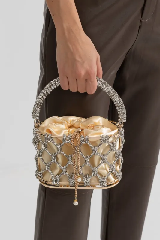 Sparkling Mesh Handbag With Satin Drawstring Pouch - Silver made by Sierra darien