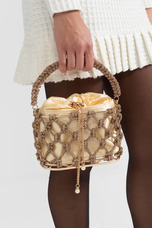 Sparkling Mesh Handbag With Satin Drawstring Pouch - Gold made by Sierra darien