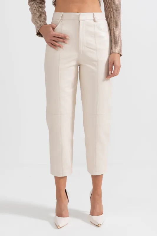 Leather Straight Leg Trousers With Decorative Stitching - White made by Sierra darien