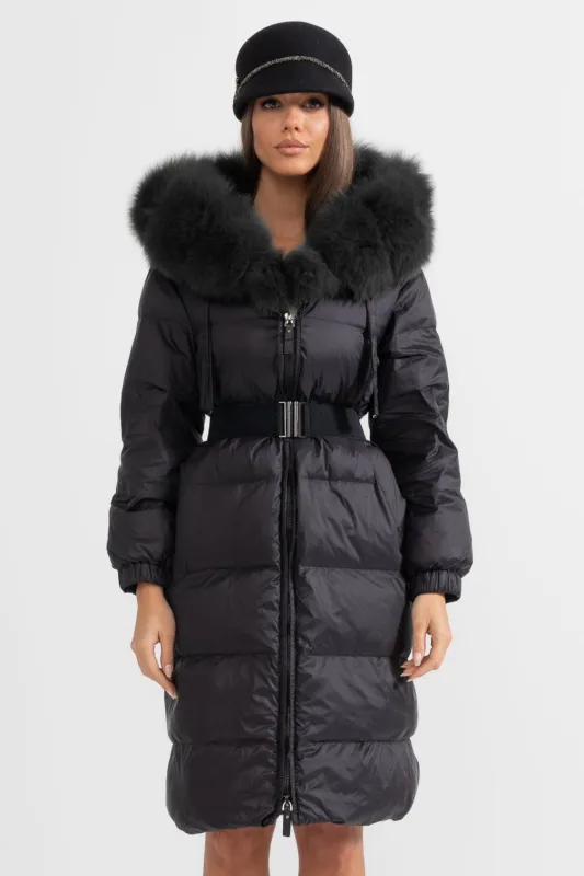 Long Puffer Jacket With Black Fox Fur-Lined Hood - Black made by Sierra darien