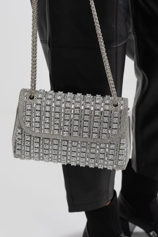 Glistening Woven Handbag With Shimmering Rhinestone Embellishments - Silver made by Sierra darien